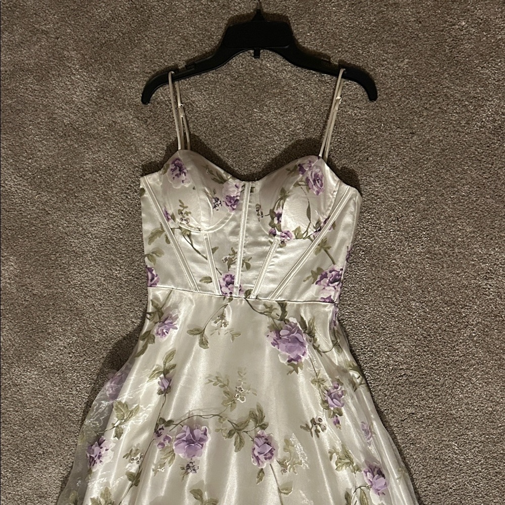 Elegant Floral Satin Gown with Lavender Accents